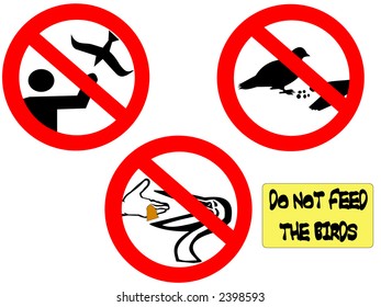 Do not feed the birds signs with silhouettes of different birds