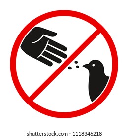 Do not feed the birds warning sign, stylized vector pigeon silhouette and hand symbol in crossed red circle.