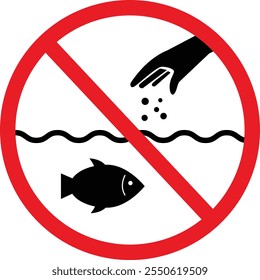 No alimente a los peces ni a los animales silvestres con letreros que prohíban arrojar alimentos al agua. Por favor, no alimentar a los peces. estilo plano.