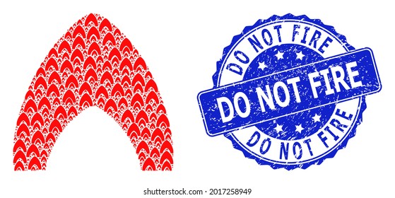 Do Not Fire textured round stamp and vector recursive composition fire. Blue stamp seal includes Do Not Fire title inside round shape. Vector mosaic is composed with recursive fire items.