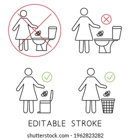 Do not flush sanitary towels in the toilet. Do not throw items down the lavatory. Please do not flush paper towels, sanitary products, icons. Prohibition icons. Stop pollution in the toilet. Vector