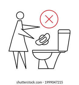 Do not flush sanitary towels in the toilet. Do not throw items down the lavatory. Woman flushing sanitary pad, prohibition sign. Stop pollution in the toilet. Editable stroke. Vector