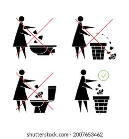 Do not flush sanitary towels in the toilet. Do not throw items down the lavatory. Woman flushing sanitary pad. Keeping the clean. Forbidden icon. Pitch in put trash in its place. Vector