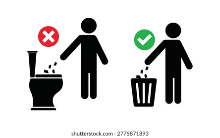 Do Not Flush Trash- Toilet vs. Bin Signage Icon – Hygiene Awareness Graphic