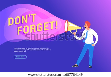 Do not forget concept vector illustration of happy manager shouting on megaphone to remind sothething for his community. Bright gradient design for web banner and promo to do not miss out