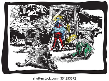 Do not forget where once was the Judea. Nativity Scene, takes its inspiration from the accounts of the birth of Jesus in the Gospels of Matthew and Luke. An hand drawn vector, freehand illustration.