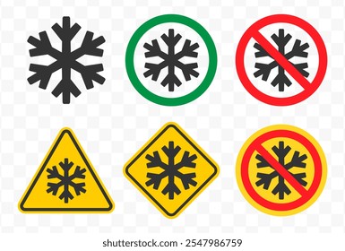 Do not freeze icon symbol set.  No freezing logo sign. Snowflake ice, prohibition, prohibited, not allowed, forbid. Vector illustration. Isolated on white backround.