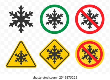 Do not freeze icon symbol set.  No freezing logo sign. Snowflake ice, prohibition, prohibited, not allowed, forbid. Vector illustration. Isolated on white backround.