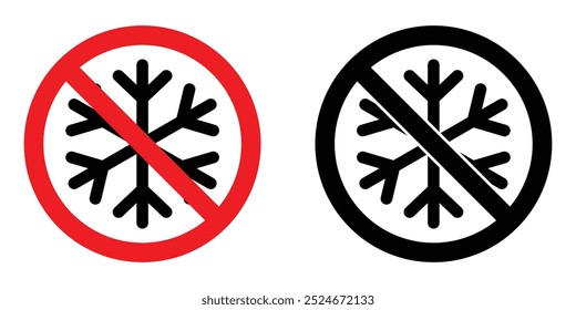 Do not freeze sign set. No freezing vector icon. No snowflake symbol. Red and black prohibition sign. Winter weather pictogram. No frost. Ban cooling. Do not refrigerate insignia.