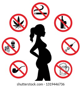 Do Not Get Drugs During Pregnancy. Prohibition Sign Collection. No Smoking, No Marijuana, No Alcohol, No Beer, No Tobacco Pipe Symbol Collection