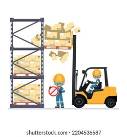 Do not go under the forks. Safety in handling a fork lift truck. Security First. Accident prevention at work. Industrial Safety and Occupational Health