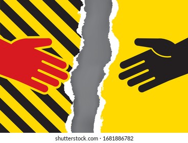 Do not hand shake, danger of virus infection.
Illustration of torn paper with hand icons and under construction sign. Vector available.