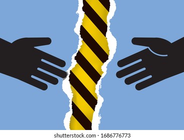 Do not hand shake, danger of virus infection. Illustration of torn paper with hand icons and under construction sign. Vector available
