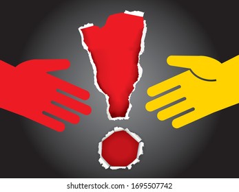 Nicht von Hand schütteln, Gefahr einer Virusinfektion.
Illustration von zerrissenem Papier mit handgezeichneten Symbolen und rotem Ausrufezeichen . Vektorillustration verfügbar.