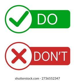 Do and do not icon set vector isolated. Illustration of simple green and red symbols of good and bad behavior. Correct and wrong. Positive and negative action. Tick and cross.