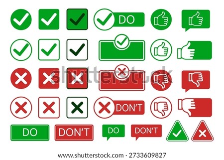 Do and do not icon set vector isolated. Illustration of simple green and red symbols of good and bad behavior. Correct and wrong. Positive and negative action. Tick and cross in a checkbox.