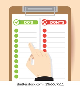 do and do not illustration vector, hand pointing on good and bad list