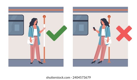 Do not lean on handrail, but hold on to handrail while driving. Metro, train or bus grip for characters. Rules in public transport. Woman in trolleybus. Cartoon isolated vector concept