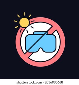 Do not leave in sunlight RGB color manual label icon for dark theme. Isolated vector illustration on night mode background. Simple filled line drawing on black for product use instructions