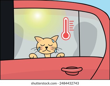 do not leave your pet in a hot car, overheated cat, risk of heat stroke, vector illustration