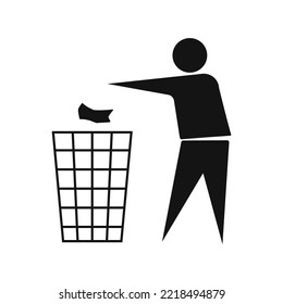 Do not litter icon. Human with trash bin symbol isolated. Packaging sign.