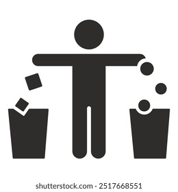 do not litter icon, symbol of man and trash can, flat vector illustration on white background