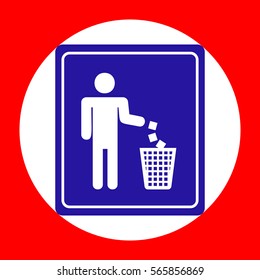 Do not litter sign. Blue icon in white circle at red background. Colors of USA flag. Circumscribed circle. Circumcircle.