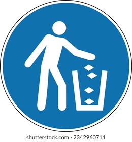 Do not litter sign. Mandatory sign. Round blue sign. Garbage disposal. Keep clean. Use the trash can. Trash tank.