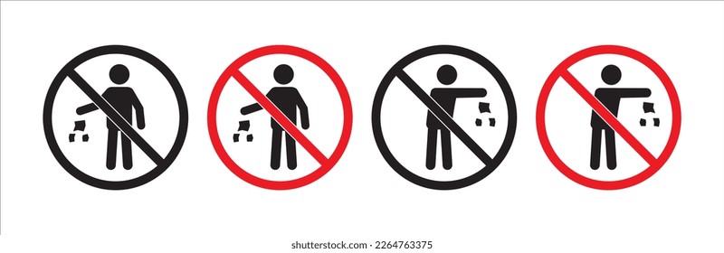 Do not litter sign set. Do not littering icon. Littering forbidden signs. Round shape signage. Vector stock illustration.