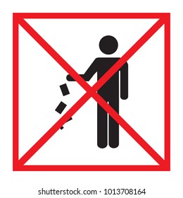 Do not litter sign. Silhouette person on white background. No throwing garbage mark in red square. Take care of clean nature symbol. Colorful template for badge, banner, label. Vector illustration.