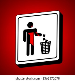 Do not litter sign. Vector. Perspective view of white icon with black outline at reddish background.