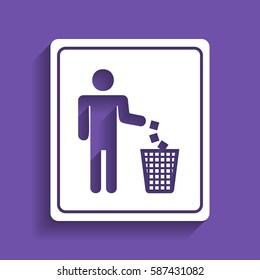 Do not litter sign. Vector. White icon with soft shadow on grape violet background.