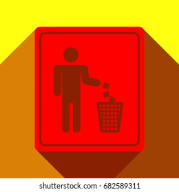 Do not litter sign. Vector. Red icon with two flat reddish shadows on yellow background.