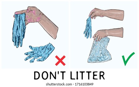 Do not litter sign with writing. Symbol of instruction, how to proper dispose medical used gloves and prevent contamination of Covid-19 coronavirus. Stop the spread, personal hygiene drawing. 