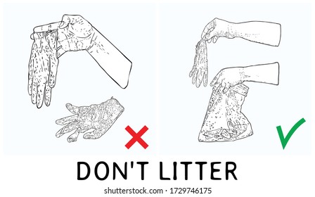 Do not litter sign with writing. Symbol of instruction, how to proper dispose medical used gloves and prevent contamination of Covid-19 coronavirus. Stop the spread, personal hygiene drawing. 