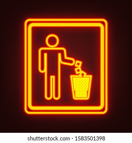 Do not litter sign. Yellow, orange, red neon icon at dark reddish background. Illumination. Illustration.