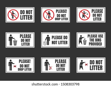 Do not litter signs set, keep clean icons