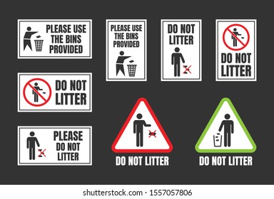 Do not litter signs set, keep clean icons