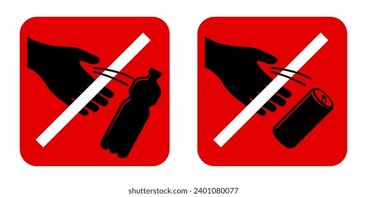 No tirar pegatinas cuadradas para la protección del medio ambiente y la limpieza - persona cruzada tirando botellas vacías o latas - pegatinas vectoriales aisladas para la impresión