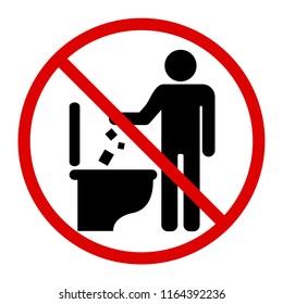 Do not litter in toilet icon. Keep clean sign. Silhouette of a man, throw garbage in a bin, in circle isolated on white background. No littering warning symbol. Public Information. Vector illustration