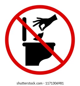 Do not litter in toilet icon. Keep clean sign. Silhouette of a man, throw garbage in a bin, in circle isolated on white background. No littering warning symbol. Public Information. Vector illustration