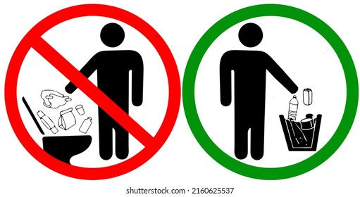 Do not litter in toilet icon use wastebasket instead. Keep clean sign. No to throw garbage into toilet in prohibition warning caution red circle isolated on white background.