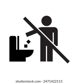 No tirar basura en el inodoro icono, Mantener limpio el cartel, Tirar basura en un cubo de basura, Etiqueta engomada del icono de prohibición para lugares de área, Ilustración vectorial de diseño plano