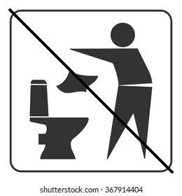 Do not litter in toilet icon. Keep clean sign. Silhouette of a man, throw garbage in a bin, in square isolated on white background. No littering warning symbol. Public Information. Vector illustration