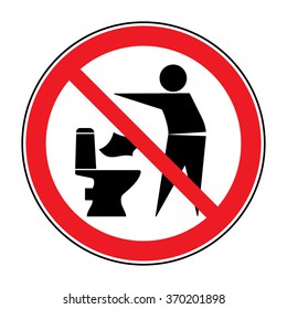 Do not litter in toilet icon. Keep clean sign. Silhouette of a man, throw garbage in a bin, in circle isolated on white background. No littering warning symbol. Public Information. Vector illustration