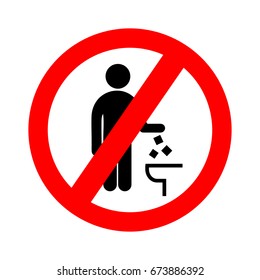 Do not litter in toilet icon. Keep clean sign. Silhouette of a man, throw garbage in a bin, in circle isolated on white background. Vector illustration.