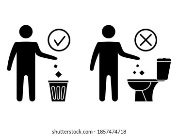 Do not litter in the toilet. Toilet no trash. Keeping the clean. Please do not flush paper towels, sanitary products, icons. Forbidden icon. Throwing garbage in a bin. Vector illustration