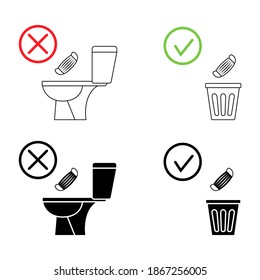 Do not litter in the toilet. Toilet no trash. Keeping the clean. Please do not flush mask, sanitary products, icons. Prohibition icons. No littering, warning symbol. Forbidden icon. Vector