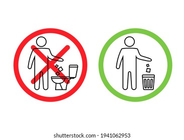 Do not litter in the toilet. Toilet no trash. Keeping the clean. Please do not flush paper towels, sanitary products, icons. Forbidden icon. Throwing garbage in a bin. Vector illustration