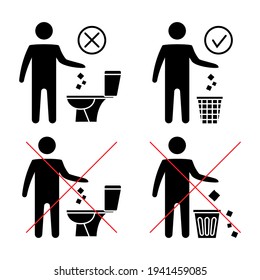 Do not litter in the toilet. Toilet no trash. Keeping the clean. Please do not flush paper towels, sanitary products, icons. Forbidden icon. Throwing garbage in a bin. Vector illustration